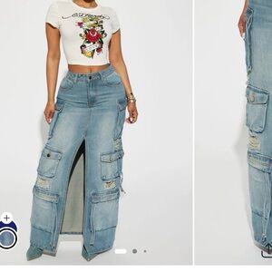 Fashion Nova Light Blue Distressed Cargo Jeans